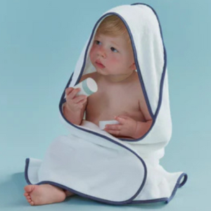 Christy "Mini Hooded" Bath Towel in White with Denim Blue Trim