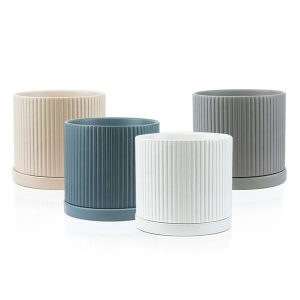 Ridged Ceramic Pot with Saucer