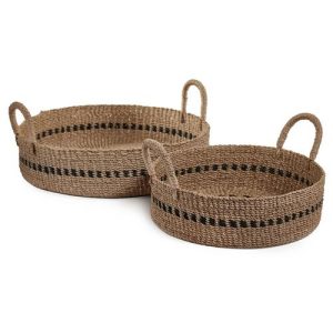 Cara Coastal Beach Brown Handwoven Abaca Round Decorative Tray - Set of 2