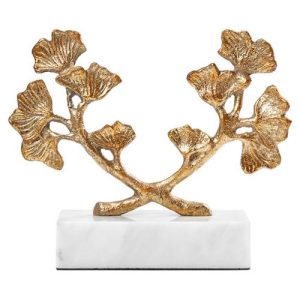 Villa & House Ginko Regency Gold Iron Leaves White Marble Base Sculpture
