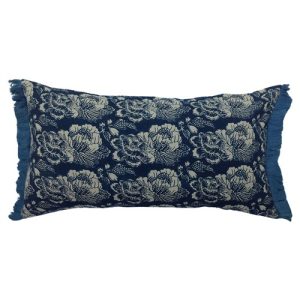 Ariella French Country Dark Blue Linen Floral Lumbar Pillow Cover - 15x28