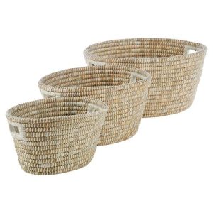 Maia French Country Hand-Woven Rivergrass Oval Handled Baskets - Set of 3